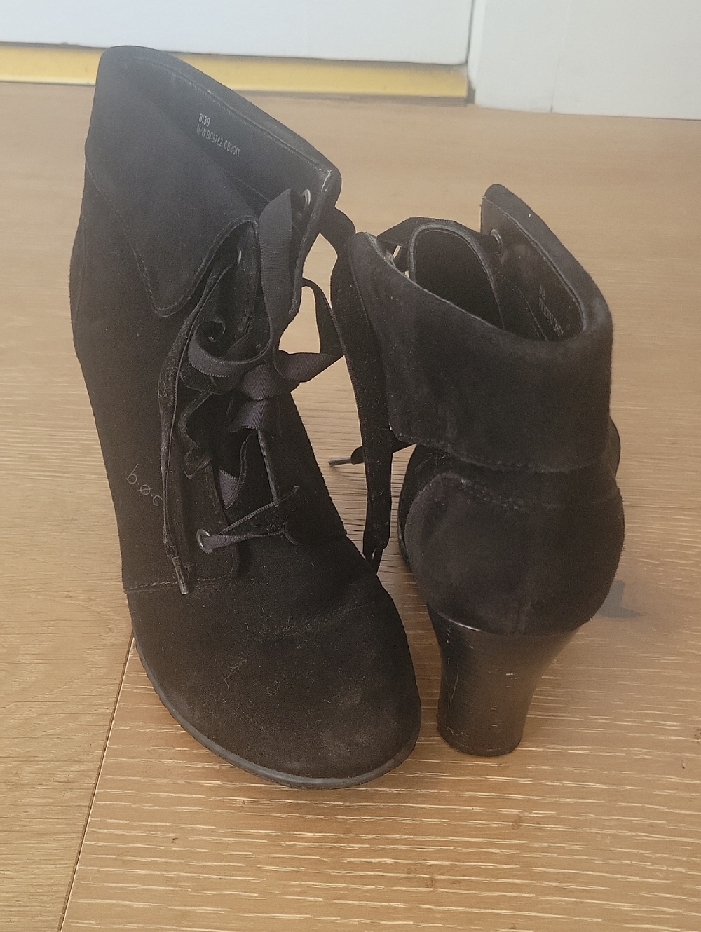 b.o.c. Black Suede Ribbon Lace-Up Ankle Heel Booties